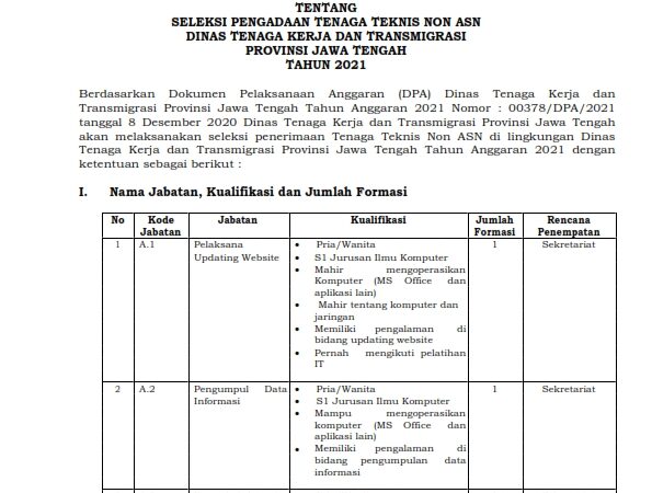 Seleksi Pengadaan Tenaga Teknis Non ASN Dinas Tenaga Kerja dan Transmigrasi Provinsi Jawa Tengah Tahun 2021