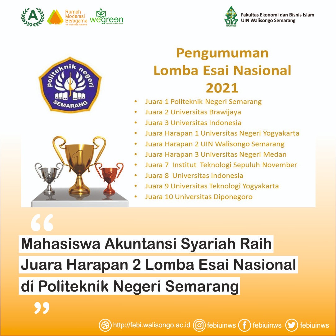 Mahasiswa Akuntansi Syariah FEBI UIN Walisongo Semarang Peroleh Juara Harapan 2 Lomba Esai Nasional 2021 di Politeknik Negeri Semarang