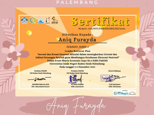 Mahasiswi Prodi Manajemen meraih Juara 2 kompetisi Business Plan di UIN Raden Fatah Palembang
