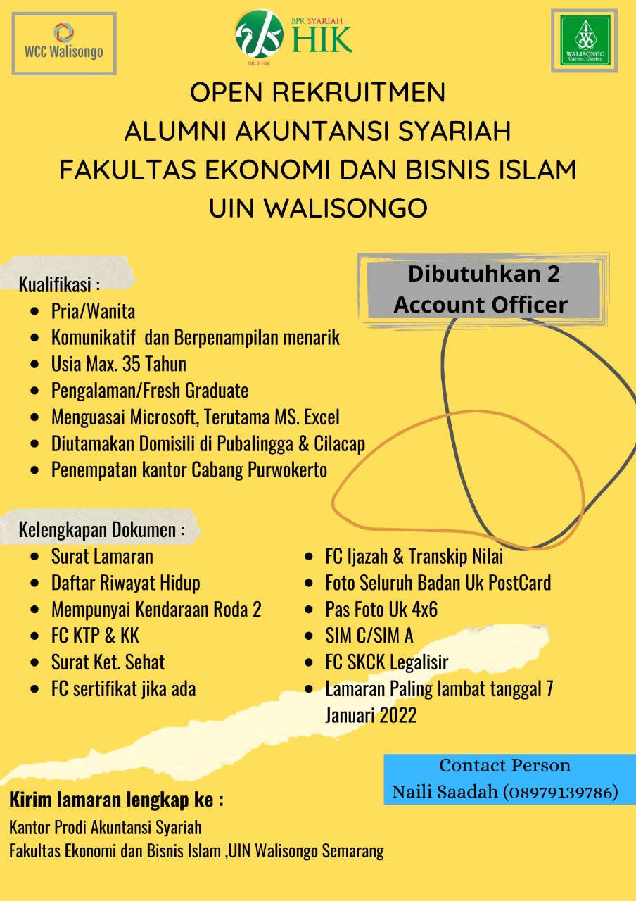 BPR SYARIAH  HIK GANDENG WALISONGO CAREER CENTER  REKRUT 2 ACCOUNT OFFICER  DARI  ALUMNI AKUNTANSI SYARIAH