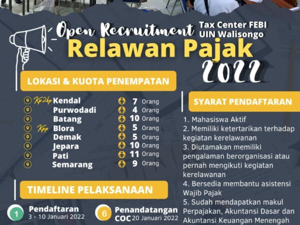 Tax Center FEBI UIN Walisongo Semarang Open Recruitment Relawan Pajak 2022, Ini Syarat dan Linknya!