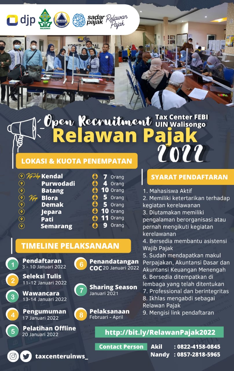 Tax Center FEBI UIN Walisongo Semarang Open Recruitment Relawan Pajak 2022, Ini Syarat dan Linknya!